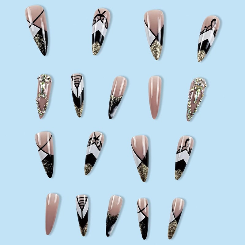 SINHOT Press on Nails Long Stiletto Luxury Rhinestone Fake Nails Glossy Glue on Nail Black Acrylic Nail Almond Bling Gold Glitter Stick on False Nail with Design 24 pcs - Image 4